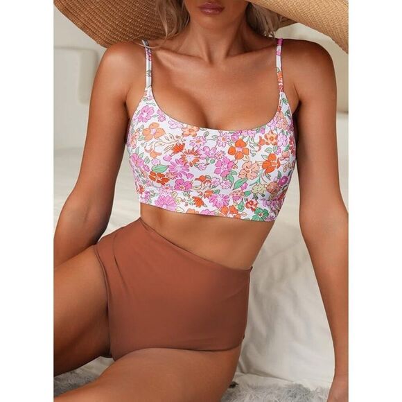 Herseas High-Waisted Bikini Set - Floral Reversible Bottom, Size 2XL, NWOT - Picture 1 of 12